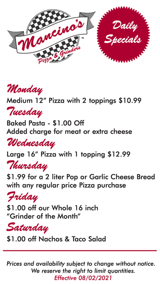 /Mancino's Daily  Pizza & Grinders Specials  Monday Medium 12